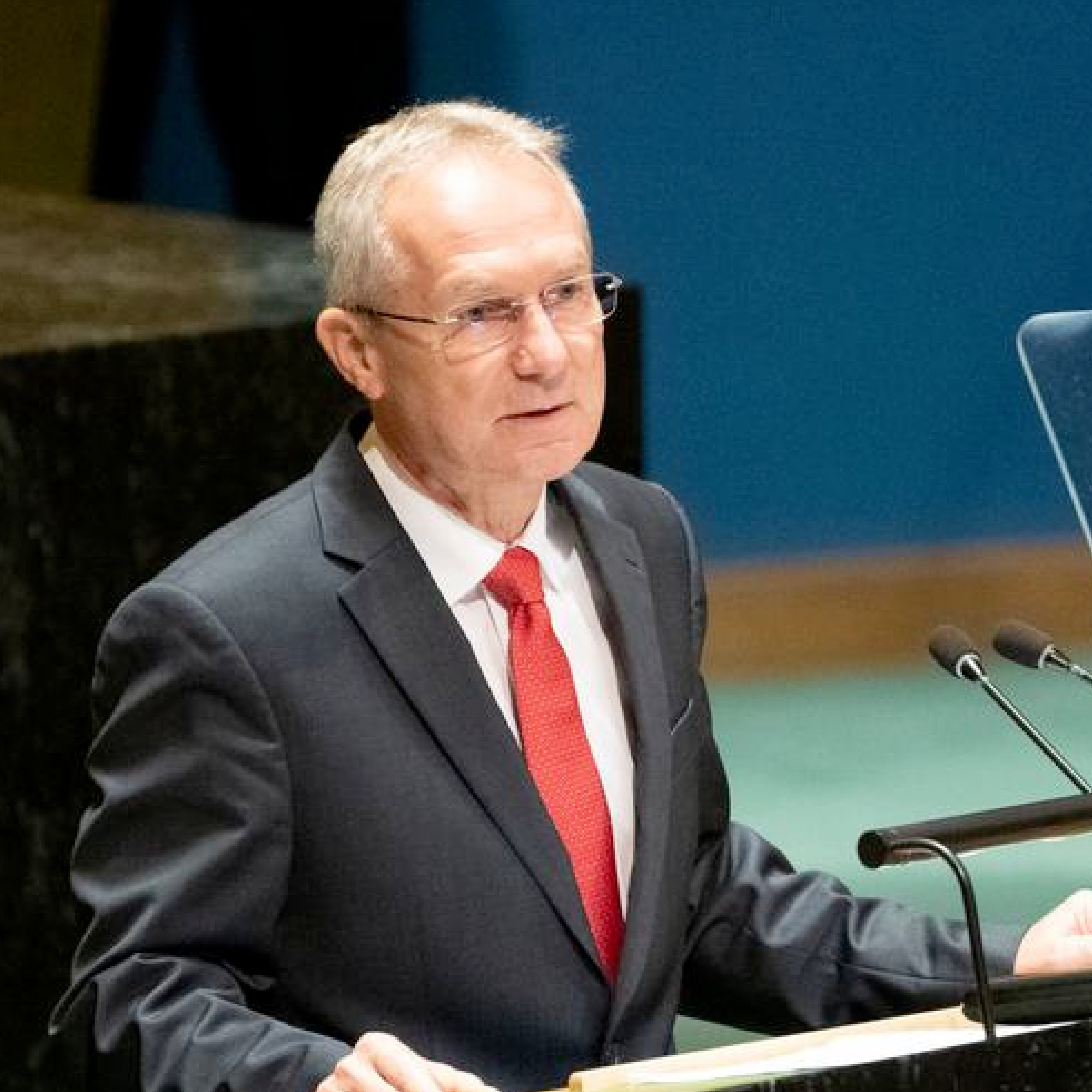 Csaba Kőrösi, President of the 77th session of the United Nations General Assembly, addresses the first plenary meeting of the session.