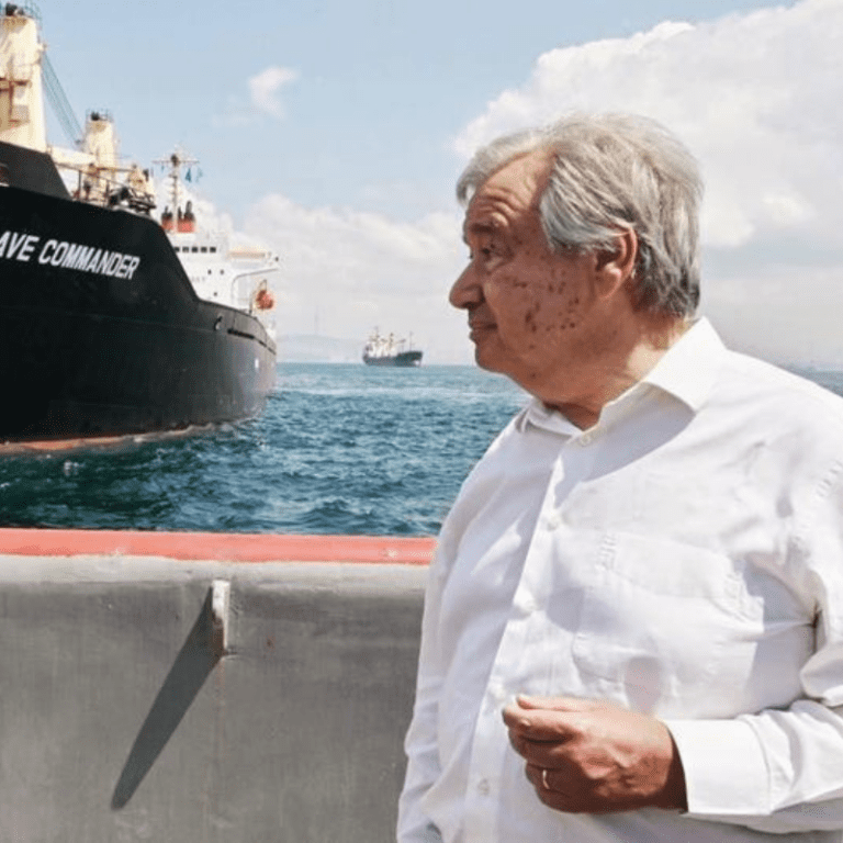 UN Photo/Mark Garten UN Secretary-General António Guterres takes a pilot ship through the Marmara sea in Turkey to view the Brave Commander.