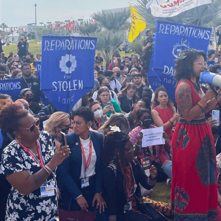 People protest for reparations for stolen land at COP27 in Sharm El-Sheikh in Egypt.