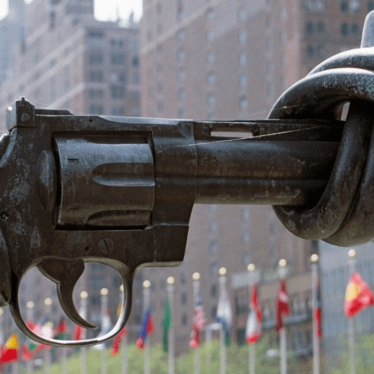 The “Non-Violence” (or “Knotted Gun”) sculpture by Swedish artist Carl Fredrik Reuterswärd on display at the UN Visitors’ Plaza.