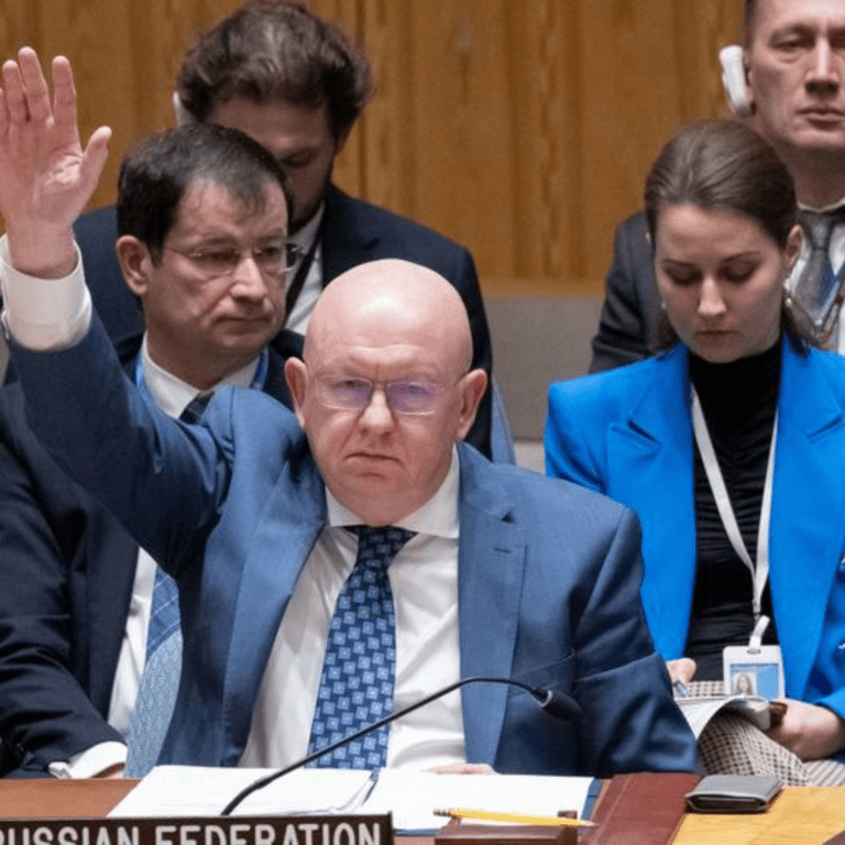 Ambassador Vassily Nebenzia, Permanent Representative of Russia to UN, voting against the US-led draft resolution.