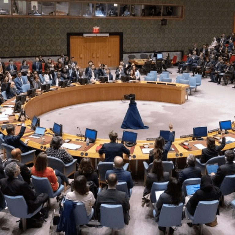 Members of the UN Security Council vote on a draft resolution on the situation in the Middle East.