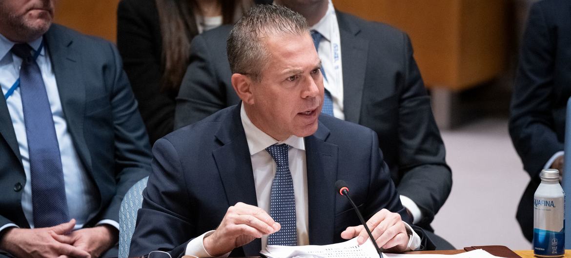Ambassador Gilad Erdan of Israel addresses the Security Council meeting on the situation in the Middle East, including the Palestinian question. .