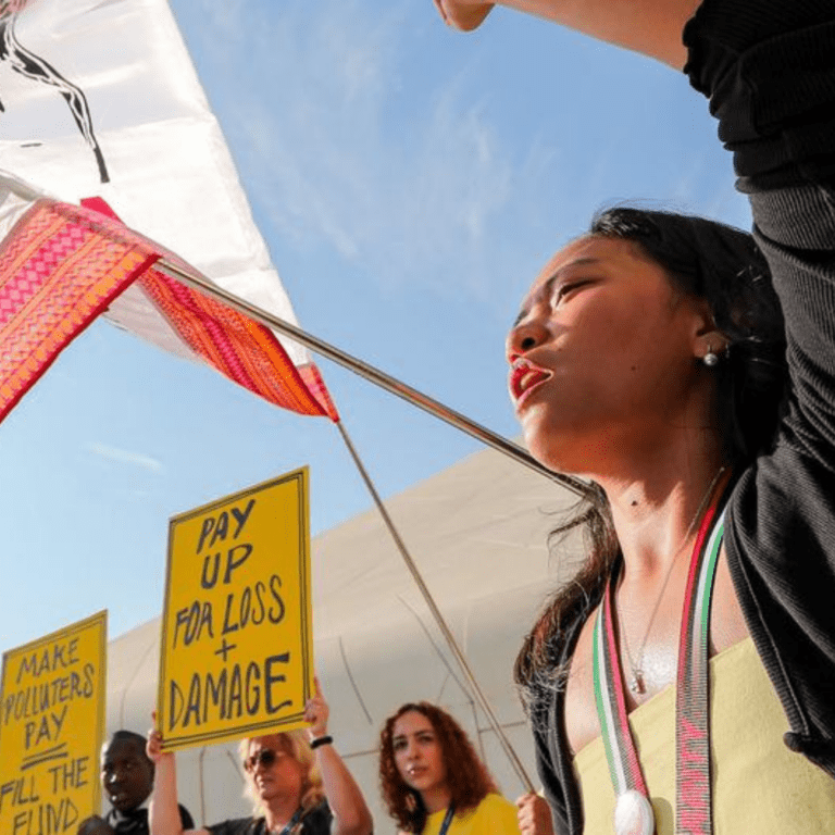 Nepal-based civil society group Digo Bikas Institute holds an action on loss and damage during the UN Climate Change Conference (COP28) at Expo City in Dubai, United Arab Emirates.