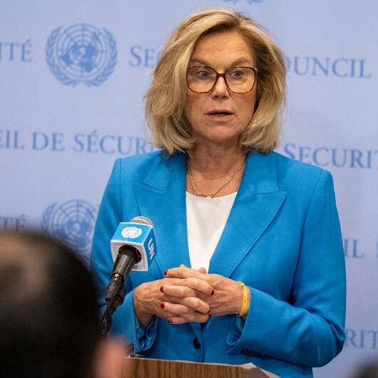 Sigrid Kaag, UN Senior Humanitarian and Reconstruction Coordinator for Gaza, briefs reporters following consultations with the Security Council.