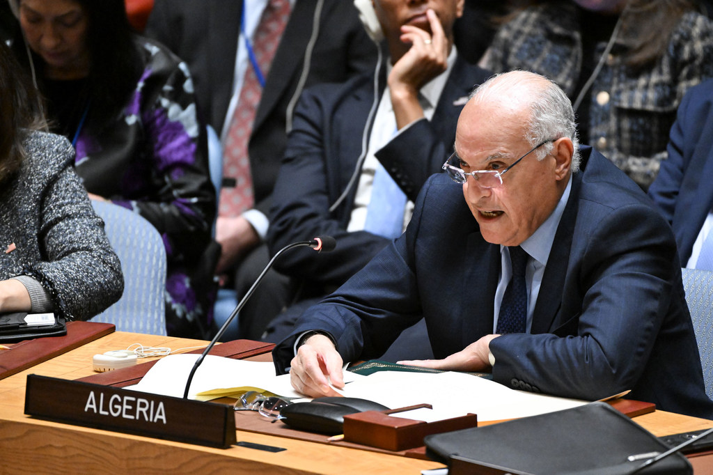 Foreign Minister Ahmed Attaf of Algeria addresses the Security Council meeting on the situation in the Middle East, including the Palestinian question.