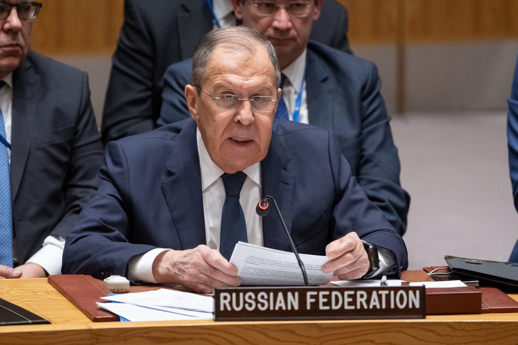Foreign Minister Sergey Lavrov of the Russian Federation addresses the Security Council meeting on the situation in the Middle East, including the Palestinian question.