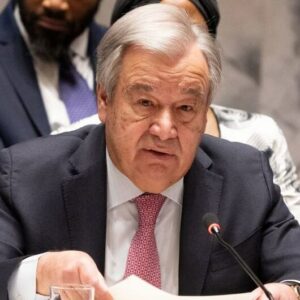 United Nations Secretary-General António Guterres speaks at the UN Security Council following Iran's attacks on Israel.